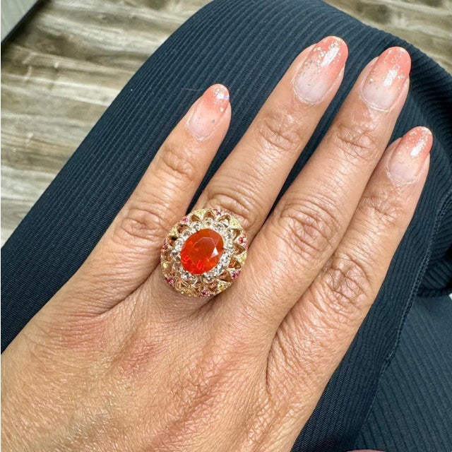 2.93 Carat Fire Opal Rose Cut Diamond Rose Gold Cocktail Ring Size 7 For Sale In Los Angeles - Image 6 of 9
