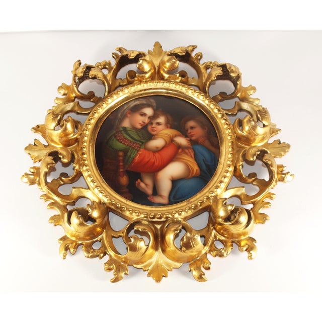 Ceramic Antique Italian Hand Painted Madonna Della Seggiola Tile in Gold Gilt Frame For Sale - Image 7 of 7