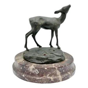 Early 20th Century Bronze Fawn Deer Animal Statue Sculpture Figure With Red Marble Base