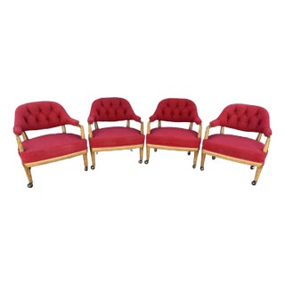 Henredon Schoonbeck Oak Gaming Chairs in Vintage Red Waxed Canvas Upholstery- Set of 4 For Sale