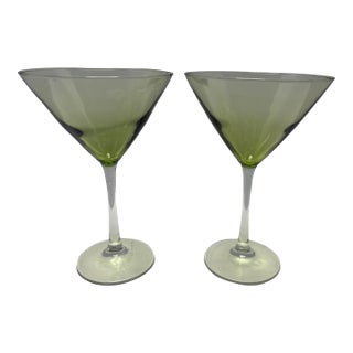 Mid 20th Century Mid-Century Modern Green Fade Martini Glasses, European-Style Art Glass, Unmarked Set of 2 For Sale