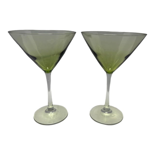 Mid 20th Century Mid-Century Modern Green Fade Martini Glasses, European-Style Art Glass, Unmarked Set of 2 For Sale