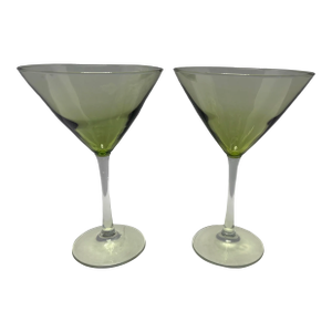 Mid 20th Century Mid-Century Modern Green Fade Martini Glasses, European-Style Art Glass, Unmarked Set of 2