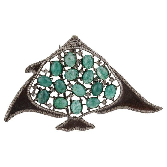 Vintage Style Emerald & Diamond Manta Ray Brooch Pendant in Solid Sterling Silver For Sale - Image 10 of 13
