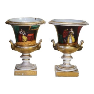Pair of Antique Old Paris Porcelain Portrait Urns C1870 For Sale