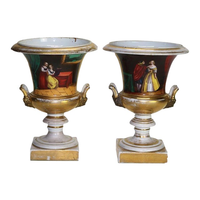 Pair of Antique Old Paris Porcelain Portrait Urns C1870 For Sale