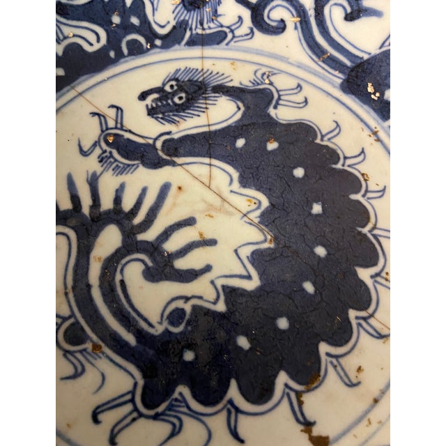 Antique Chinese Blue & White Dragon Porcelain Plate, With Staples For Sale In Savannah - Image 6 of 13