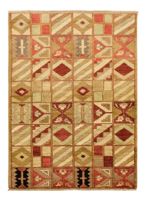 1990s Shabby Chic Tan/Red Hand-Knotted Wool Rug -3'0 X 5'2