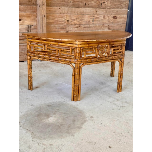Vintage Bamboo Chinese Style Demi-Lune Center Table With Open Fretwork Design For Sale - Image 11 of 12
