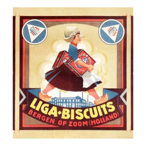 1920 Dutch Art Deco Cookie Packaging, 1920 Dutch Cookie Packaging Label, Liga Biscuits: Bergen Op Zoom (Holland), Linen Backed
