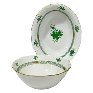 Chinese Porcelain Apponyi Green Bouquet Bowl and Oval Dish from Herend Hungary, Set of 2