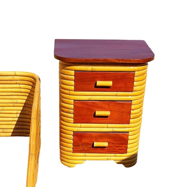 Restored Frankl Style Full Stacked Rattan Bed Frame W/ Night Stands Bedroom Set For Sale In Los Angeles - Image 6 of 10