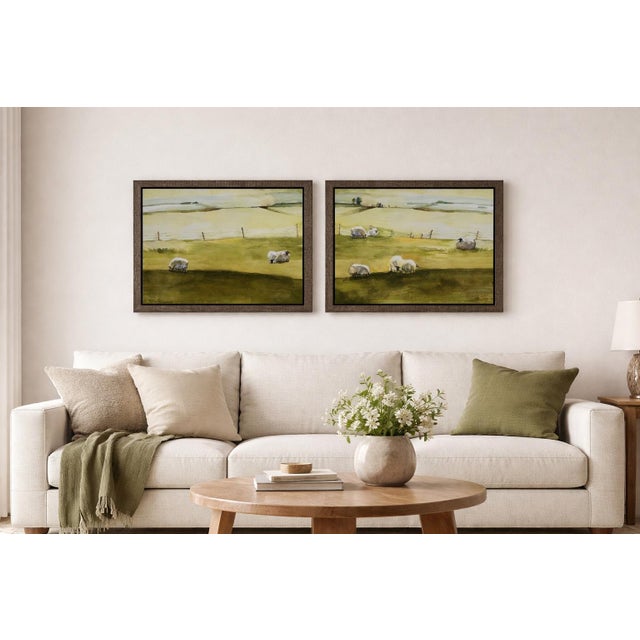 A striking large-scale pair of framed pastoral landscape artworks produced by Leftbank Art, a respected trade-only...