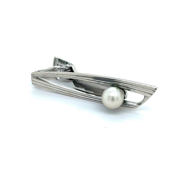 Japanese 1990s Mikimoto Estate Akoya Pearl Mens Tie Clip 7 mm Sterling Silver For Sale - Image 3 of 7