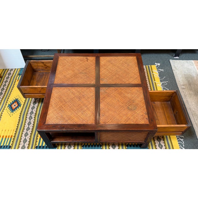 Chinese Chinese-Style Woven Rattan Four-Drawer Coffee Table, Vintage For Sale - Image 3 of 12