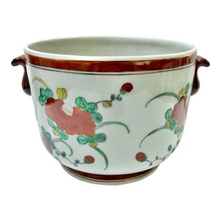 Vintage Chinoiserie Floral Cachepot Planter With Double Handles For Sale