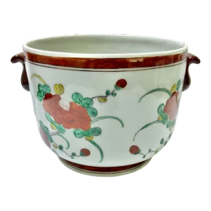 Vintage Chinoiserie Floral Cachepot Planter With Double Handles