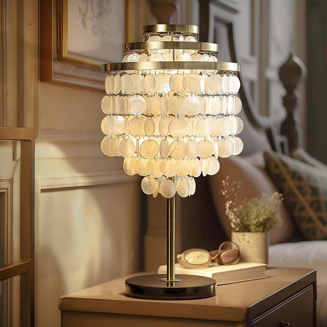 Aloadecor 3-Light 28'' Modern Coastal Aged Brass Natural Capiz Shell Tiered Table Lamp With Black Marble Base Glam For Sale In Houston - Image 6 of 8