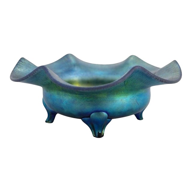 Arts & Crafts Steuben Blue Aurene Footed Candy Dish Numbered C1920 For Sale
