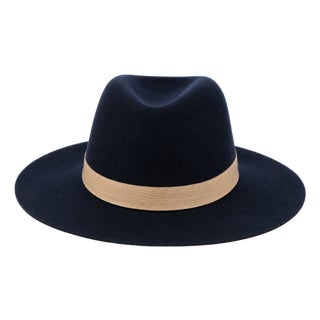 Janessa Leoné Navy Wool Fedora With Caramel Leather Band - New For Sale