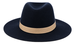 Janessa Leoné Navy Wool Fedora With Caramel Leather Band - New