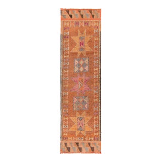 1950s Vintage Tribal Runner in Orange, Gray, Pink, Multihued Medallion Patterns For Sale