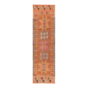 1950s Vintage Tribal Runner in Orange, Gray, Pink, Multihued Medallion Patterns