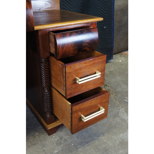 Wood Early 20th Century Antique American Empire Art Deco Flame Mahogany Pine Library Writing Desk 49" For Sale - Image 7 of 10