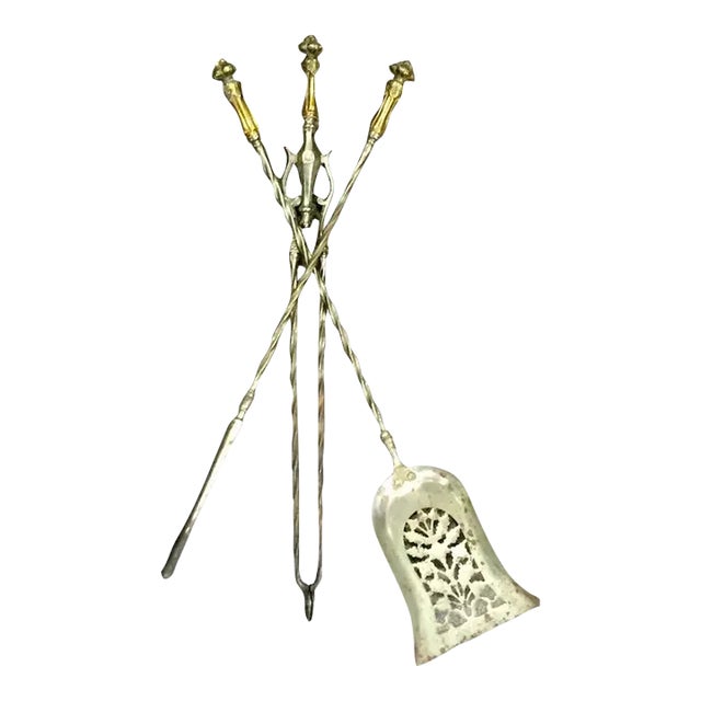 Antique 19th Century English Steel & Brass Mounted Fireplace Tools - Set of 3 For Sale