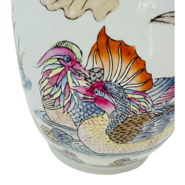 1980s Vintage Famille Rose Porcelain Vase With Koi Fish, Birds, and Flowers For Sale - Image 5 of 15