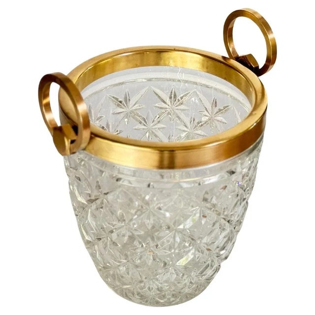 Champagne Bucket in Crystal and Brass Transparent Color France 20th Century. with removable handle from top to bottom