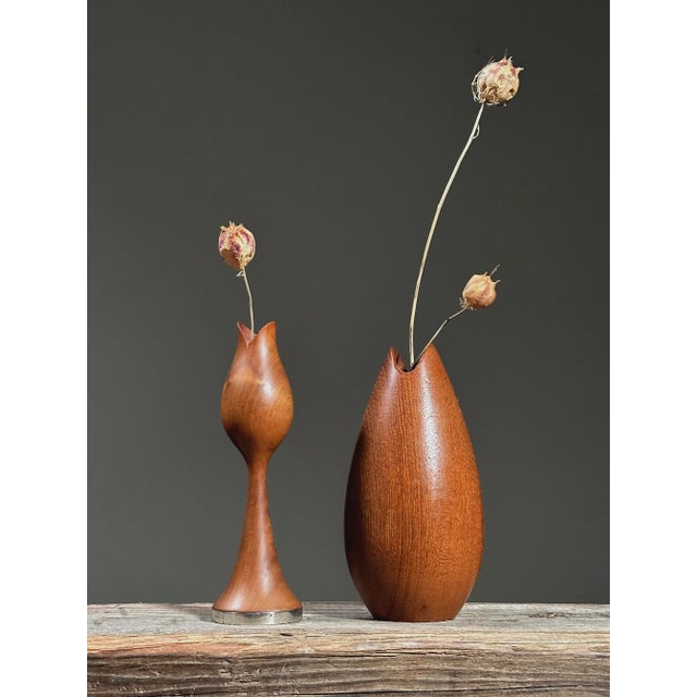 Vintage Danish Turned Wood Vase and Candlestick Holder. Hand turned wood vase with pedal opening. Interior is lined so...