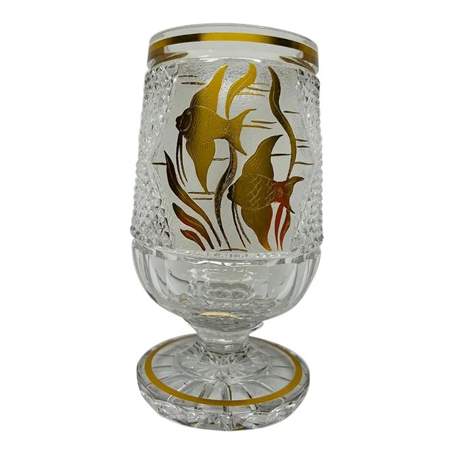 Antique Moser Crystal Cut Glass Engraved "Swimming Fish" Gold Vase For Sale