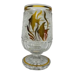Antique Moser Crystal Cut Glass Engraved "Swimming Fish" Gold Vase