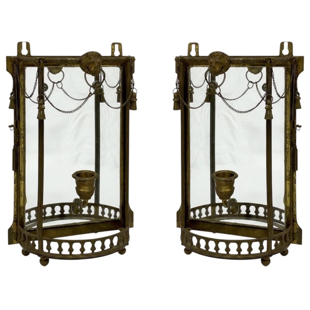 19th-C. French Napoleonic Brass & Curved Glass Mirrored Sconces Lion Mask - Pair For Sale - Image 4 of 8