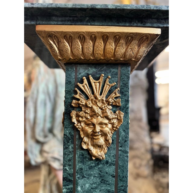 1920s Antique Green Marble Pedestal With Gold Detailing – Bacchus / Green Man Motif For Sale - Image 5 of 12