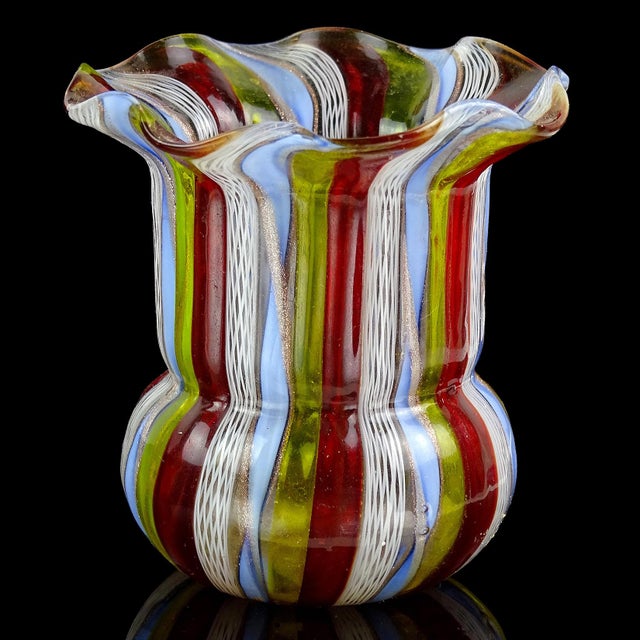 Murano Vintage Red Yelllow White Blue Aventurine Ribbons Italian Art