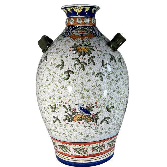 17+ In. Tall Chinese Jug Vase Stylized Blue Songbird, Fruit & Leaf Pattern For Sale - Image 9 of 18