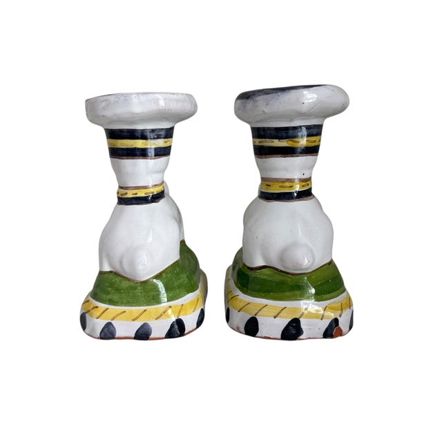 Vintage Portugal Deruta Style Hand Painted Rabbit Candlestick Holders For Sale - Image 4 of 9