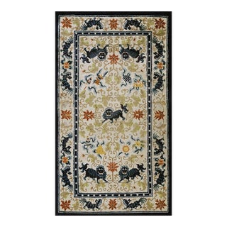 1920s Ivory Navy Blue Colorful Antique Chinese Silk Carpet 4' X 7' Foo Dog Rug For Sale