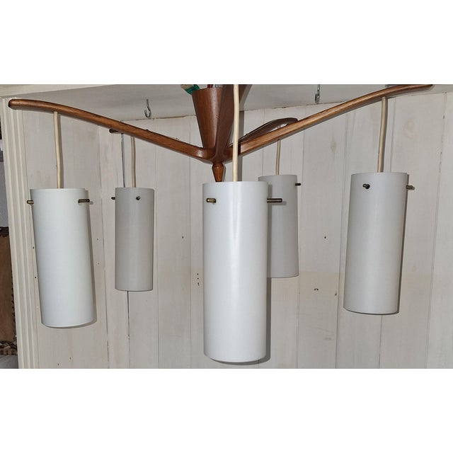 Brown Vintage Mid-Century Danish Five-Light Ceiling Cascade Lamp with Teak Frame and White Satin Glass Shades, 1960s For Sale - Image 8 of 12