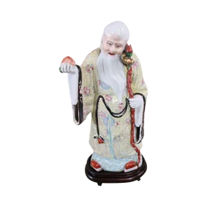 Porcelain Figure Shouxing Chinese God of Longevity Wood Base