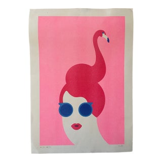 Pink Flamingo Woman - Risograph For Sale