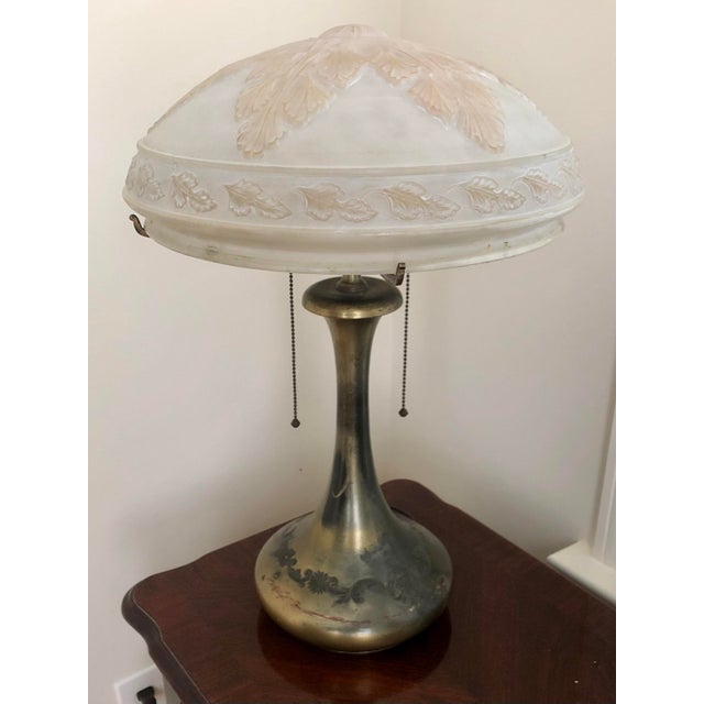 Pairpoint Glassworks / Pairpoint Mfg Co. 2-Light Bronze Lamp With Embossed Glass Dome Shade, 1910, C3020 For Sale - Image 9 of 13