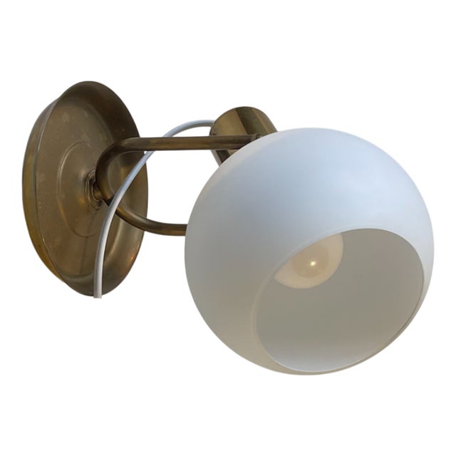 Vintage Scandinavian Brass Wall Lamp with Opaline Sphere, 1970s For Sale