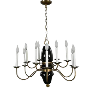 Mid-Century Modern Hollywood Regency 12 Arm Black Pottery & Brass Chandelier