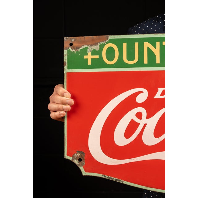 Original 1938 Coca-Cola fountain service advertising sign manufactured by Tennessee Enamel Co. for The Coca-Cola Company...