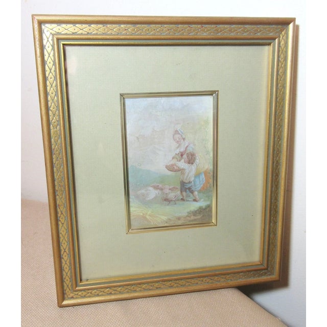 Antique Original 1869 Feeding Child Feeding Chicken Gouache Watercolor Painting For Sale - Image 10 of 11