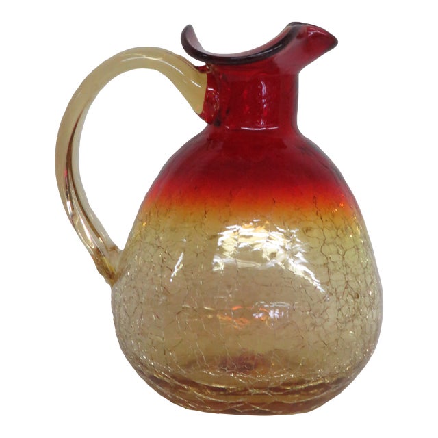 Mid Century Crackle Glass Amberina Small Pitcher Vase For Sale