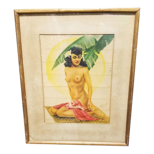 Hawaiian Airbrush Nude on Paper by Mundorff Honolulu in Bamboo Frame, 1945